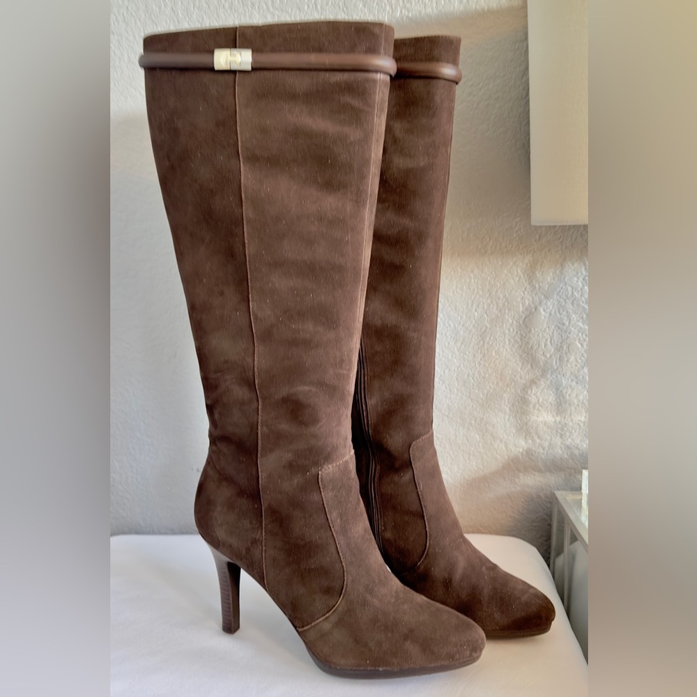 Tahari Dark Brown Suede Knee-High Heeled Boots